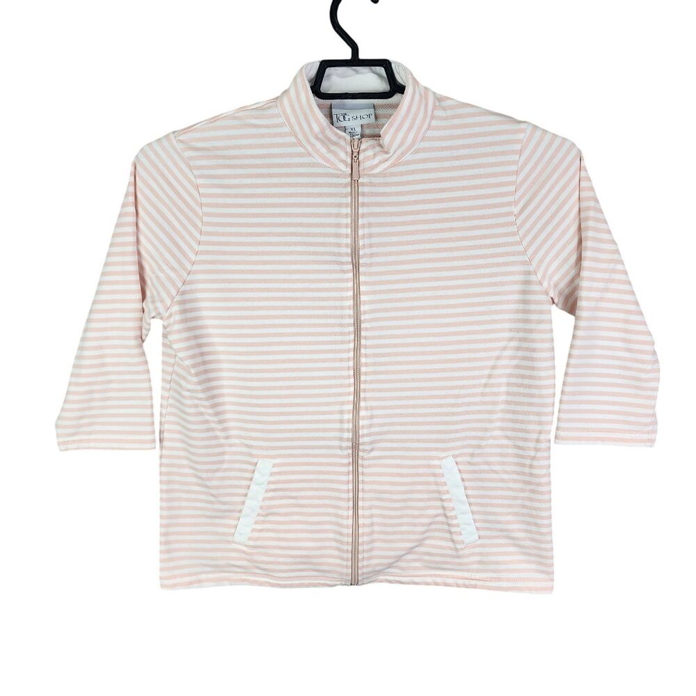 Womens The Tog Shop Jacket Full Zip Light Pink White Striped 3/4 Sleeve Size XL